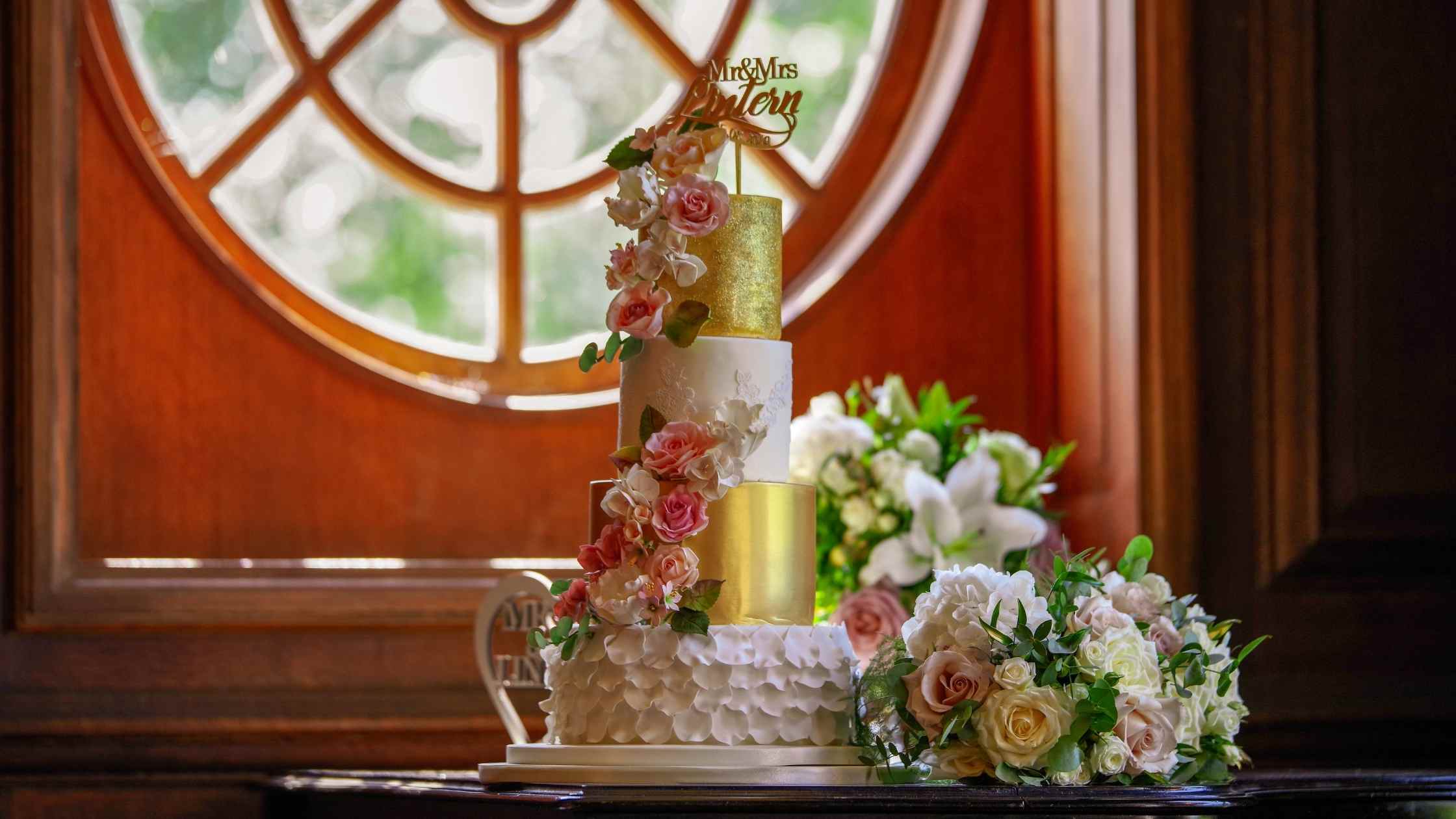 Four Tier Gold Lace Sugar Flower Wedding Cake in Blush Pink and Ivory